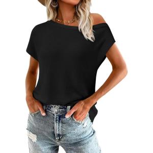 PRETTYGARDEN Womens Off The Shoulder Tops 2026 Summer Casual Short Sleeve Tunic T Shirts Lightweight Knit Sweaters(Black)