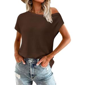 PRETTYGARDEN Womens Off The Shoulder Tops 2026 Summer Casual Short Sleeve Tunic T Shirts Lightweight Knit Sweaters(Coffee)
