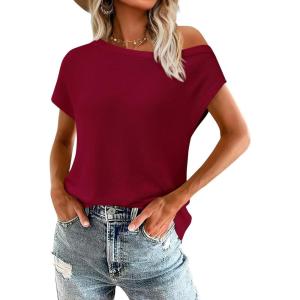 PRETTYGARDEN Womens Off The Shoulder Tops 2026 Summer Casual Short Sleeve Tunic T Shirts Lightweight Knit Sweaters(Wine Red)