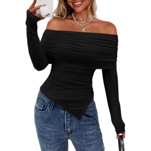 PRETTYGARDEN Women’s Off The Shoulder Tops Spring Fashion 2026 Long Sleeve Shirts Going Out Slim Fitted Blouses Fall Clothes(Black)