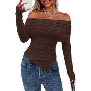 PRETTYGARDEN Women’s Off The Shoulder Tops Spring Fashion 2026 Long Sleeve Shirts Going Out Slim Fitted Blouses Fall Clothes(Brown)