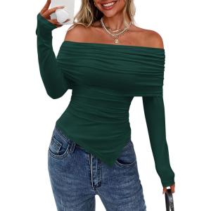 PRETTYGARDEN Women’s Off The Shoulder Tops Spring Fashion 2026 Long Sleeve Shirts Going Out Slim Fitted Blouses Fall Clothes(Green)