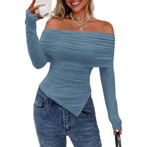 PRETTYGARDEN Women’s Off The Shoulder Tops Spring Fashion 2026 Long Sleeve Shirts Going Out Slim Fitted Blouses Fall Clothes(Grey Blue)