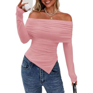 PRETTYGARDEN Women’s Off The Shoulder Tops Spring Fashion 2026 Long Sleeve Shirts Going Out Slim Fitted Blouses Fall Clothes(Pink)