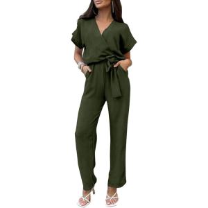 PRETTYGARDEN Women’s One Piece Jumpsuits Dressy Casual Summer Short Sleeve Wrap V Neck Wide Leg Pants Romper Spring Clothes(Army Green)