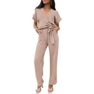 PRETTYGARDEN Women’s One Piece Jumpsuits Dressy Casual Summer Short Sleeve Wrap V Neck Wide Leg Pants Romper Spring Clothes(Beige)