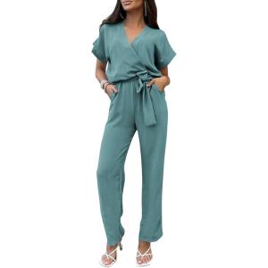 PRETTYGARDEN Women’s One Piece Jumpsuits Dressy Casual Summer Short Sleeve Wrap V Neck Wide Leg Pants Romper Spring Clothes(Blue Green)