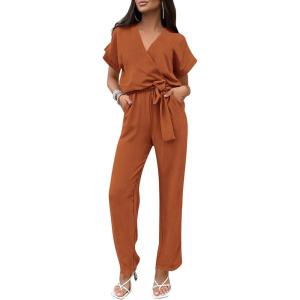 PRETTYGARDEN Women’s One Piece Jumpsuits Dressy Casual Summer Short Sleeve Wrap V Neck Wide Leg Pants Romper Spring Clothes(Caramel)