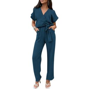 PRETTYGARDEN Women’s One Piece Jumpsuits Dressy Casual Summer Short Sleeve Wrap V Neck Wide Leg Pants Romper Spring Clothes(Dark Blue)