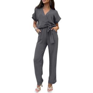 PRETTYGARDEN Women’s One Piece Jumpsuits Dressy Casual Summer Short Sleeve Wrap V Neck Wide Leg Pants Romper Spring Clothes(Dark Grey)
