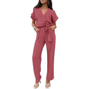 PRETTYGARDEN Women’s One Piece Jumpsuits Dressy Casual Summer Short Sleeve Wrap V Neck Wide Leg Pants Romper Spring Clothes(Dark Pink)