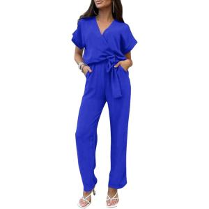 PRETTYGARDEN Women’s One Piece Jumpsuits Dressy Casual Summer Short Sleeve Wrap V Neck Wide Leg Pants Romper Spring Clothes(Dark Royal Blue)