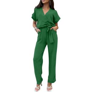 PRETTYGARDEN Women’s One Piece Jumpsuits Dressy Casual Summer Short Sleeve Wrap V Neck Wide Leg Pants Romper Spring Clothes(Green)