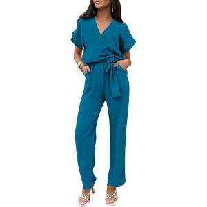 PRETTYGARDEN Women’s One Piece Jumpsuits Dressy Casual Summer Short Sleeve Wrap V Neck Wide Leg Pants Romper Spring Clothes(Lake Blue)