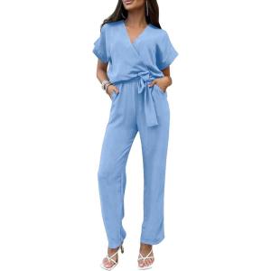 PRETTYGARDEN Women’s One Piece Jumpsuits Dressy Casual Summer Short Sleeve Wrap V Neck Wide Leg Pants Romper Spring Clothes(Light Blue)