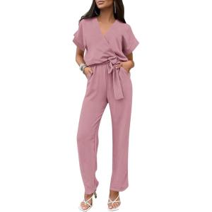 PRETTYGARDEN Women’s One Piece Jumpsuits Dressy Casual Summer Short Sleeve Wrap V Neck Wide Leg Pants Romper Spring Clothes(Pink)