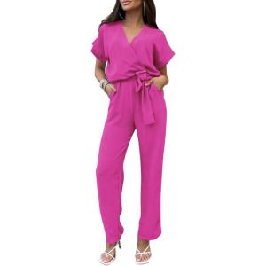 PRETTYGARDEN Women’s One Piece Jumpsuits Dressy Casual Summer Short Sleeve Wrap V Neck Wide Leg Pants Romper Spring Clothes(Rose Red)