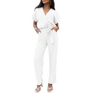 PRETTYGARDEN Women’s One Piece Jumpsuits Dressy Casual Summer Short Sleeve Wrap V Neck Wide Leg Pants Romper Spring Clothes(White)