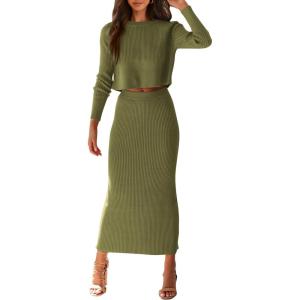 PRETTYGARDEN Women’s Spring Fall 2 Piece Sweater Set Rib Knit Long Sleeve Crop Top Maxi Bodycon Skirt Casual Winter Outfits(Army Green)