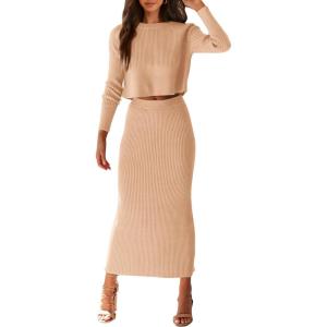 PRETTYGARDEN Women’s Spring Fall 2 Piece Sweater Set Rib Knit Long Sleeve Crop Top Maxi Bodycon Skirt Casual Winter Outfits(Beige)