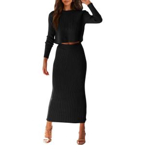 PRETTYGARDEN Women’s Spring Fall 2 Piece Sweater Set Rib Knit Long Sleeve Crop Top Maxi Bodycon Skirt Casual Winter Outfits(Black)