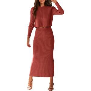 PRETTYGARDEN Women’s Spring Fall 2 Piece Sweater Set Rib Knit Long Sleeve Crop Top Maxi Bodycon Skirt Casual Winter Outfits(Brick Red)