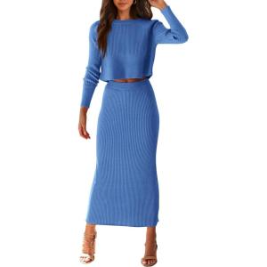 PRETTYGARDEN Women’s Spring Fall 2 Piece Sweater Set Rib Knit Long Sleeve Crop Top Maxi Bodycon Skirt Casual Winter Outfits(Bright Blue)