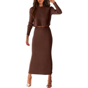 PRETTYGARDEN Women’s Spring Fall 2 Piece Sweater Set Rib Knit Long Sleeve Crop Top Maxi Bodycon Skirt Casual Winter Outfits(Coffee)