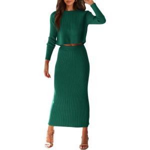 PRETTYGARDEN Women’s Spring Fall 2 Piece Sweater Set Rib Knit Long Sleeve Crop Top Maxi Bodycon Skirt Casual Winter Outfits(Dark Green)