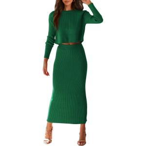 PRETTYGARDEN Women’s Spring Fall 2 Piece Sweater Set Rib Knit Long Sleeve Crop Top Maxi Bodycon Skirt Casual Winter Outfits(Green)