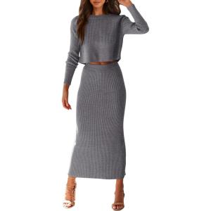 PRETTYGARDEN Women’s Spring Fall 2 Piece Sweater Set Rib Knit Long Sleeve Crop Top Maxi Bodycon Skirt Casual Winter Outfits(Grey)