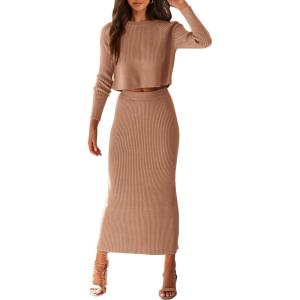 PRETTYGARDEN Women’s Spring Fall 2 Piece Sweater Set Rib Knit Long Sleeve Crop Top Maxi Bodycon Skirt Casual Winter Outfits(Khaki)