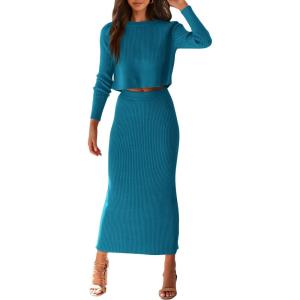 PRETTYGARDEN Women’s Spring Fall 2 Piece Sweater Set Rib Knit Long Sleeve Crop Top Maxi Bodycon Skirt Casual Winter Outfits(Lake Blue)