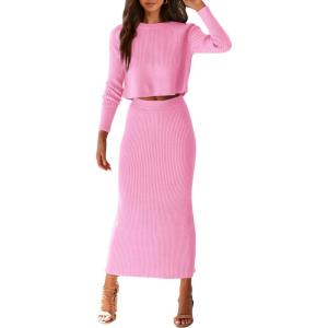 PRETTYGARDEN Women’s Spring Fall 2 Piece Sweater Set Rib Knit Long Sleeve Crop Top Maxi Bodycon Skirt Casual Winter Outfits(Pink)
