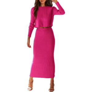 PRETTYGARDEN Women’s Spring Fall 2 Piece Sweater Set Rib Knit Long Sleeve Crop Top Maxi Bodycon Skirt Casual Winter Outfits(Rose Red)