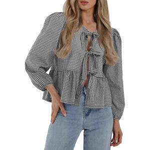 PRETTYGARDEN Women’s Spring Fall Babydoll Peplum Blouse Shirt Puff Long Sleeve Bow Tie Front Trendy Cute Y2K Going Out Tops(Plaid Black)