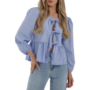 PRETTYGARDEN Women’s Spring Fall Babydoll Peplum Blouse Shirt Puff Long Sleeve Bow Tie Front Trendy Cute Y2K Going Out Tops(Plaid Blue)