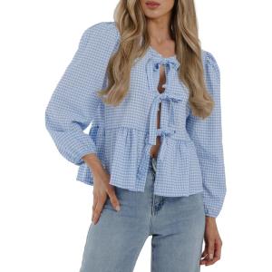 PRETTYGARDEN Women’s Spring Fall Babydoll Peplum Blouse Shirt Puff Long Sleeve Bow Tie Front Trendy Cute Y2K Going Out Tops(Plaid Light Blue)