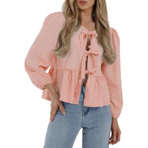 PRETTYGARDEN Women’s Spring Fall Babydoll Peplum Blouse Shirt Puff Long Sleeve Bow Tie Front Trendy Cute Y2K Going Out Tops(Plaid Pink)