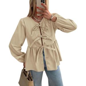 PRETTYGARDEN Women’s Spring Fall Babydoll Peplum Blouse Shirt Puff Long Sleeve Bow Tie Front Trendy Cute Y2K Going Out Tops(Solid Apricot)
