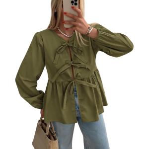 PRETTYGARDEN Women’s Spring Fall Babydoll Peplum Blouse Shirt Puff Long Sleeve Bow Tie Front Trendy Cute Y2K Going Out Tops(Solid Army Green)