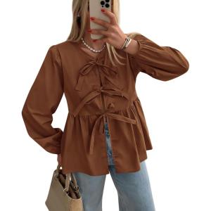PRETTYGARDEN Women’s Spring Fall Babydoll Peplum Blouse Shirt Puff Long Sleeve Bow Tie Front Trendy Cute Y2K Going Out Tops(Solid Brown)