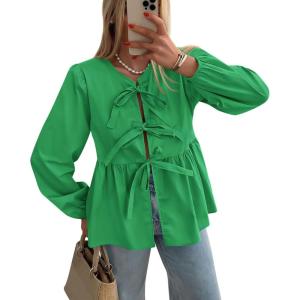 PRETTYGARDEN Women’s Spring Fall Babydoll Peplum Blouse Shirt Puff Long Sleeve Bow Tie Front Trendy Cute Y2K Going Out Tops(Solid Green)