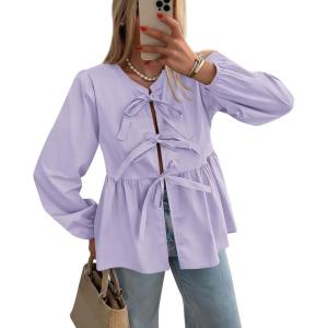 PRETTYGARDEN Women’s Spring Fall Babydoll Peplum Blouse Shirt Puff Long Sleeve Bow Tie Front Trendy Cute Y2K Going Out Tops(Solid Light Purple)