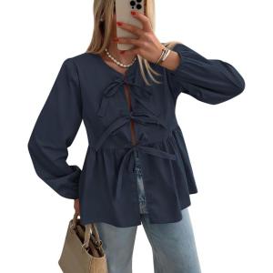 PRETTYGARDEN Women’s Spring Fall Babydoll Peplum Blouse Shirt Puff Long Sleeve Bow Tie Front Trendy Cute Y2K Going Out Tops(Solid Navy)