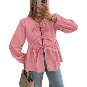 PRETTYGARDEN Women’s Spring Fall Babydoll Peplum Blouse Shirt Puff Long Sleeve Bow Tie Front Trendy Cute Y2K Going Out Tops(Solid Pink)