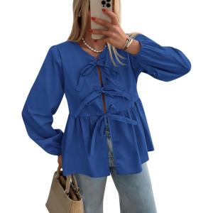 PRETTYGARDEN Women’s Spring Fall Babydoll Peplum Blouse Shirt Puff Long Sleeve Bow Tie Front Trendy Cute Y2K Going Out Tops(Solid Royal Blue)