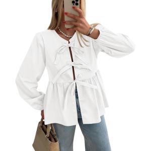 PRETTYGARDEN Women’s Spring Fall Babydoll Peplum Blouse Shirt Puff Long Sleeve Bow Tie Front Trendy Cute Y2K Going Out Tops(White)