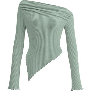 PRETTYGARDEN Women’s Spring Long Sleeve Y2K Crop Top Trendy Off Shoulder Asymmetrical Fitted Knit Tee Shirts Going Out Tops(Bean Green)