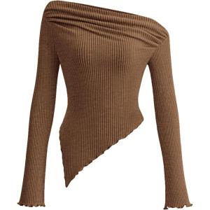 PRETTYGARDEN Women’s Spring Long Sleeve Y2K Crop Top Trendy Off Shoulder Asymmetrical Fitted Knit Tee Shirts Going Out Tops(Brown)
